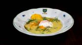 Kulajda with poached egg, mushrooms and potato chips - czech specials